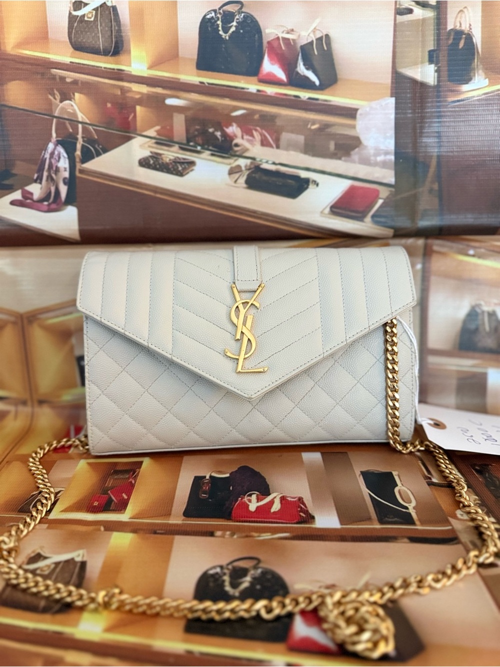 Saint Laurent Quilted Envelope Chain Wallet - Cream with Gold Hardware